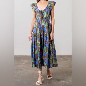 Moon River Anthropologie Button Front Ruffle Midi Dress Medium cotton floral